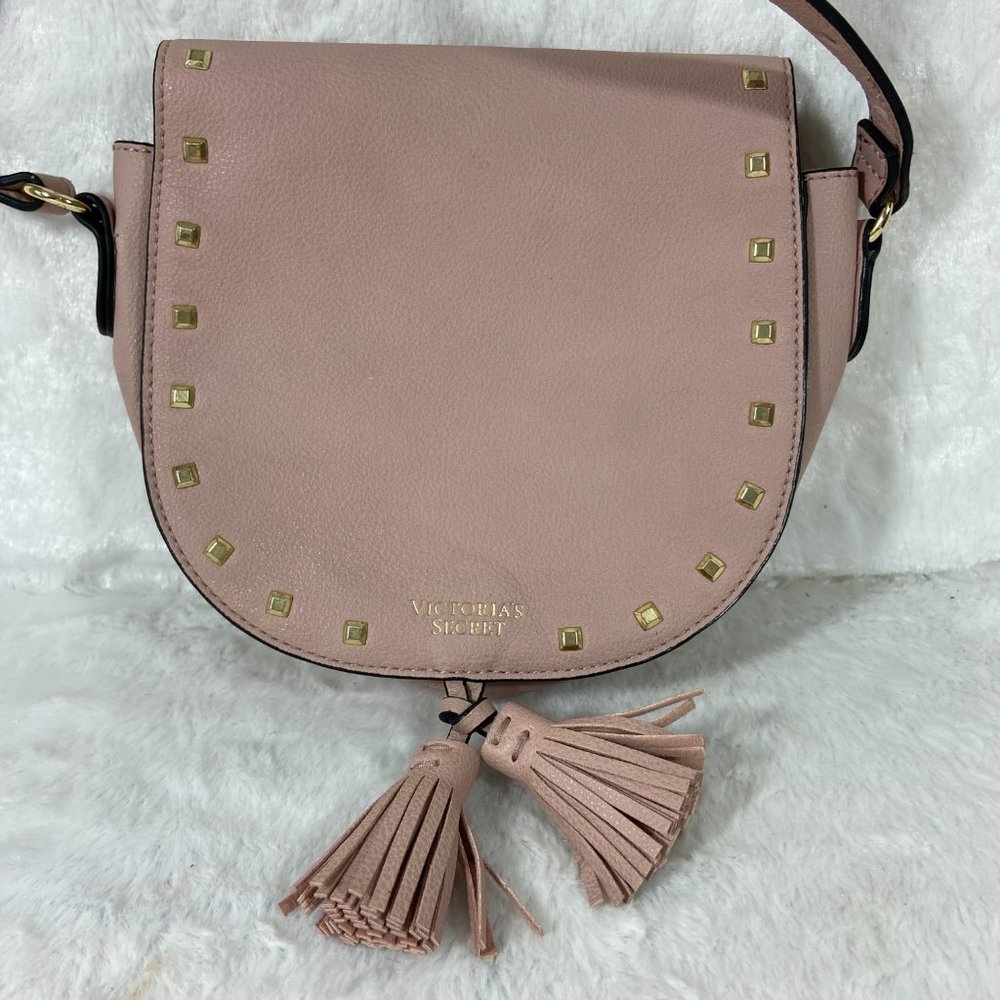 Victorias Secrets Saddle Bag Pink Faux Leather Small Crossbody Fringe Tassels